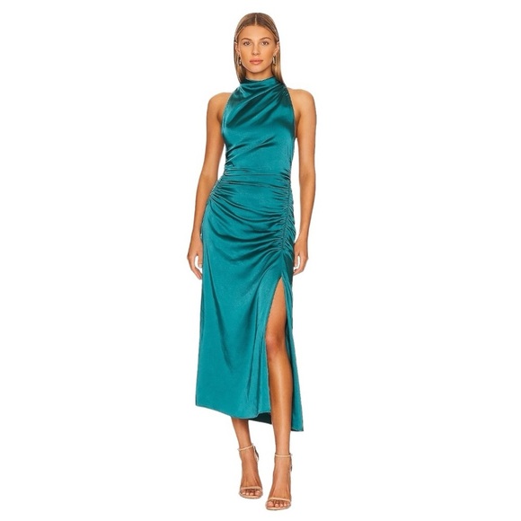 A.L.C. Inez Dress In Emerald Midi Ruched Draped 10 Satin Event - Picture 2 of 16